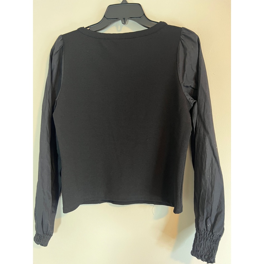 Anthropologie Black Mixed Media Puff Sleeve Empire Waist Top OB1622621 Size M - Picture 3 of 5